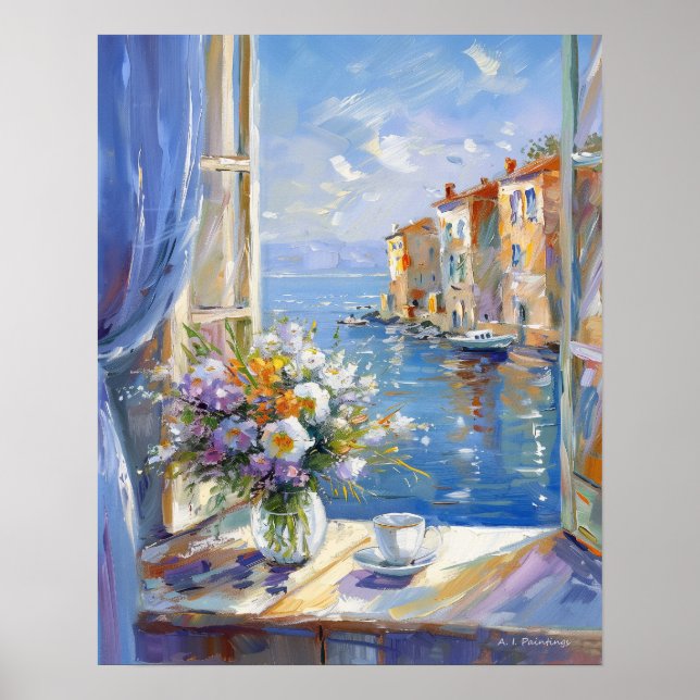 Poster Vase of Flowers Window com View of Italiana Coast (Frente)