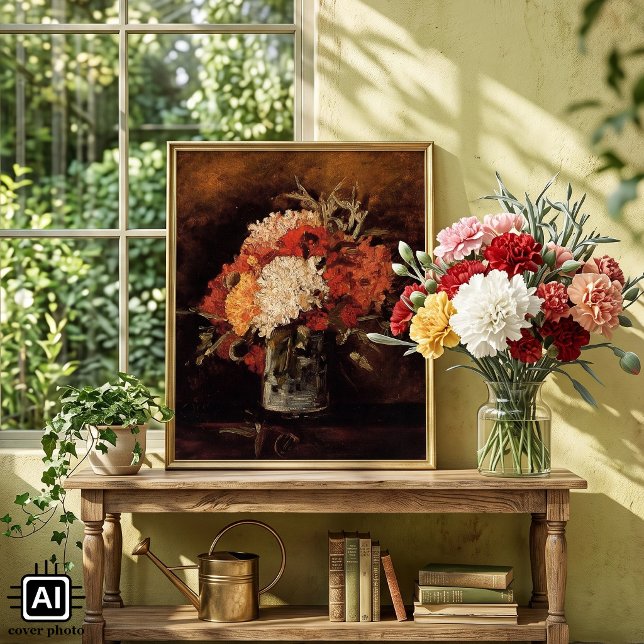 Póster Vaso com Cravos de Vincent van Gogh (Vase with Carnations by Vincent van Gogh is a vintage post impressionism still life painting.)