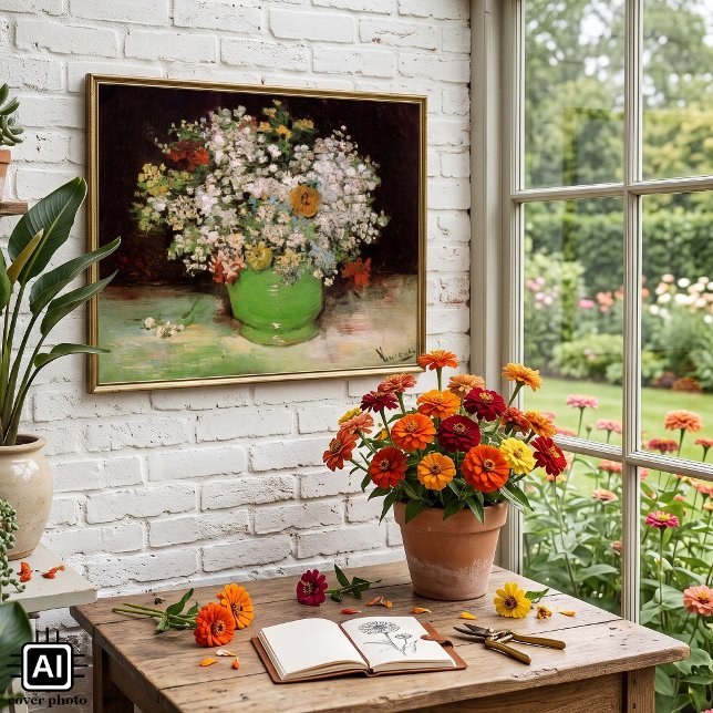 Poster Vaso com Flores de Zínia por Vincent van Gogh (Vase with Zinnias and Other Flowers by Vincent van Gogh is a vintage post impressionism painting.)