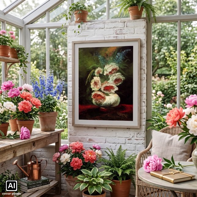 Póster Vaso com Peônias por Vincent van Gogh (Vase with Peonies by Vincent van Gogh is a vintage fine art post impressionism still life painting.)