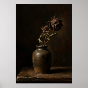 Poster Vaso de Barro Rosa Seca Escura Vida Morta Sombria