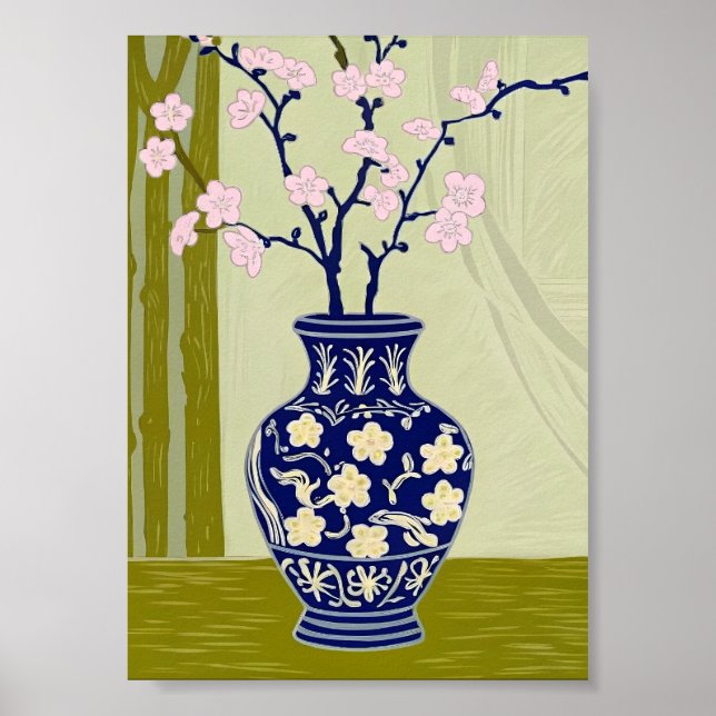 Poster Vaso de Chinoiserie Blue Willow e Flor de Cerejeir (Frente)