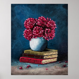 Poster Vaso de flores de livros azuis cor-de-rosa lendo v