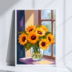 Poster Vaso de Girassóis Aquarela de Buquê Floral Amare