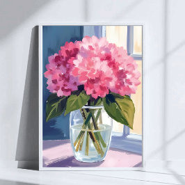 Poster Vaso de Hortênsia Rosa Bouquet de Flores Aquarela
