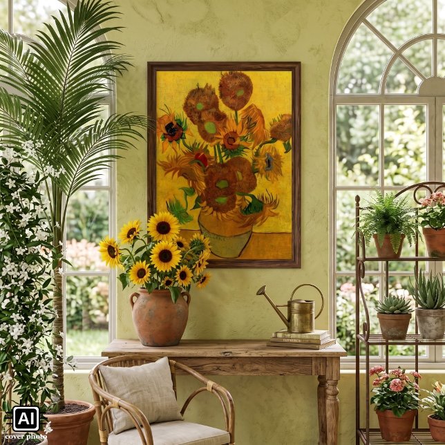Poster Vaso de Natureza Morta com 15 Girassóis Vincent va (Still Life Vase with Fifteen Sunflowers by Vincent van Gogh is a vintage post impressionism painting)