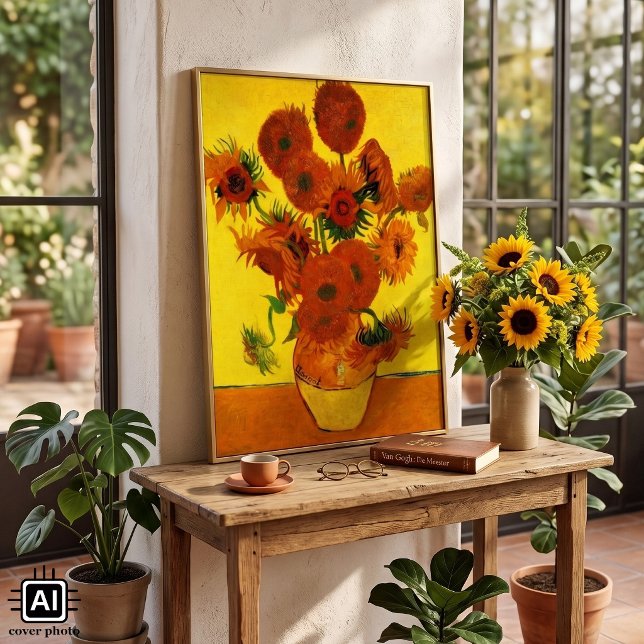 Póster Vaso de Natureza Morta com 15 Girassóis Vincent va (Still Life Vase with Fifteen Sunflowers by Vincent van Gogh is a vintage post impressionism painting)