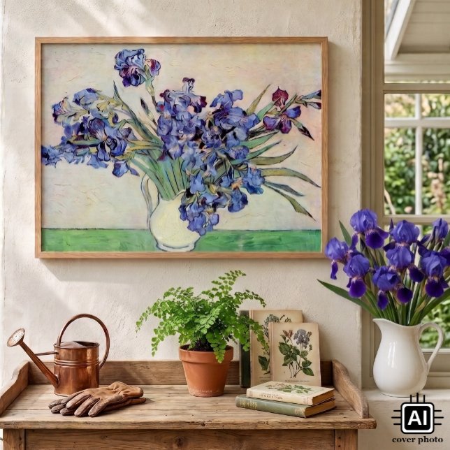 Póster Vaso de Natureza Morta com Íris por Vincent van Go (Still Life: Vase with Irises by Vincent van Gogh is a vintage fine art post impressionism painting.)