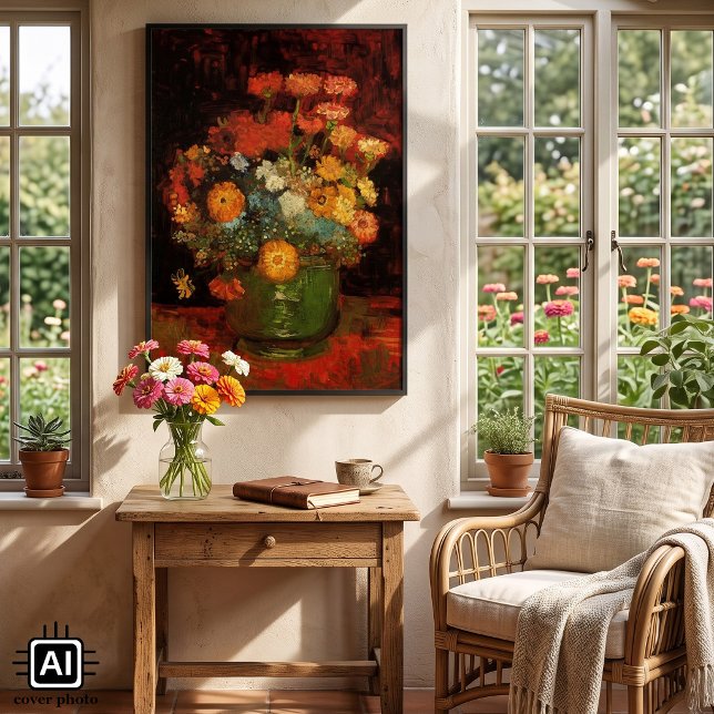 Póster Vaso de Natureza Morta com Zinnias por Vincent van (Still Life Vase with Zinnias by Vincent van Gogh is a vintage fine art post impressionism painting.)