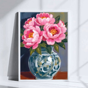 Poster Vaso de Peônia Peônias de Flores Rosa Aquarela