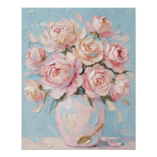 Póster Vaso de Rosas Rosas Impasto Pintura a Óleo Arte