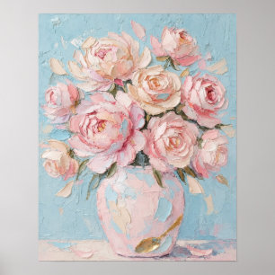 Poster Vaso de Rosas Rosas Impasto Pintura a Óleo Arte