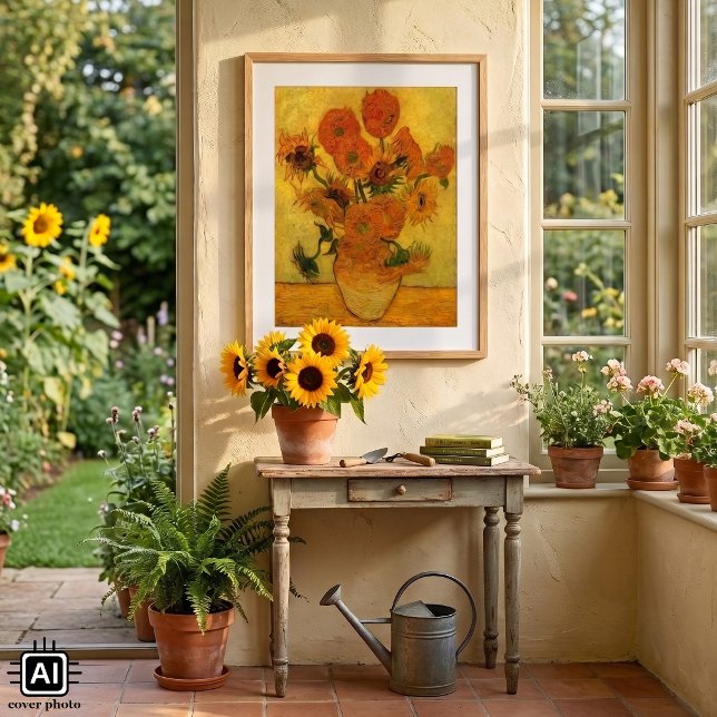 Póster Vaso de Vida Morta de Vincent van Gogh com 15 Gira (Still Life Vase with Fifteen Sunflowers by Vincent van Gogh is a vintage post impressionism painting)