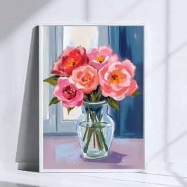 Poster Vaso de Vidro com Buquê de Rosas Rosas Floral Româ