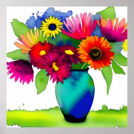 Poster Vaso e Flores Vibrantes em Aquarela