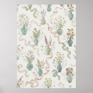Poster Vasos de Flores Silvestres Pastel com Padrão de Fi