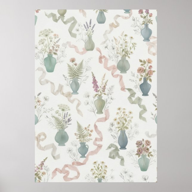Poster Vasos de Flores Silvestres Pastel com Padrão de Fi (Frente)