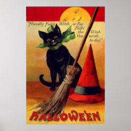 Poster Vassoura de Gato Preto Chapéu de Bruxa Lua Cheia