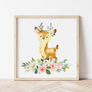 Poster Veado, Animais Da Floresta, Boho, Flores Rosa