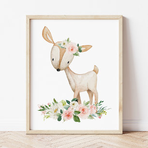 Poster Veado, Animais Da Floresta, Boho, Flores Rosa