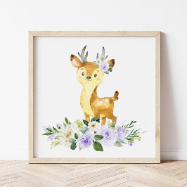 Poster Veado, Animais Da Floresta, Boho, Flores Roxas
