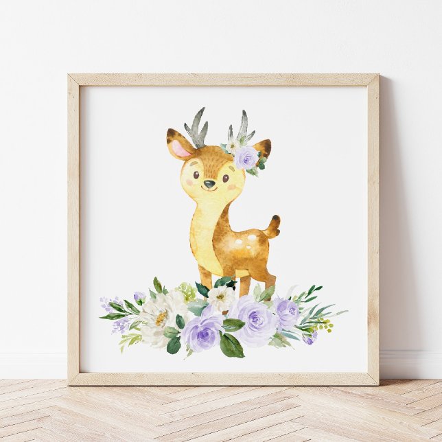 Poster Veado, Animais Da Floresta, Boho, Flores Roxas (Criador carregado)
