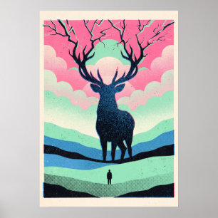 Poster Veado ao Luar e Figura Solitária Arte Retro