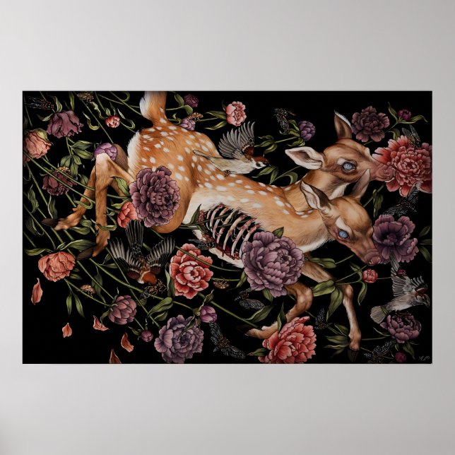 Poster Veado com Pássaros e Flores gótico botânico (Frente)