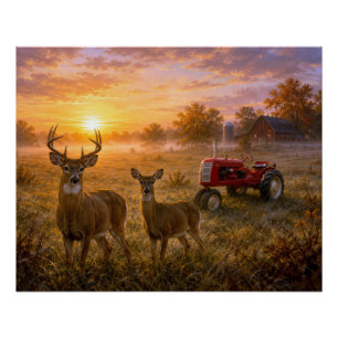 Póster Veado de Cauda Branca e Trator Vermelho Vintage