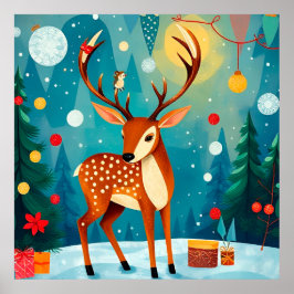 Poster Veado Festivo em Floresta Neve