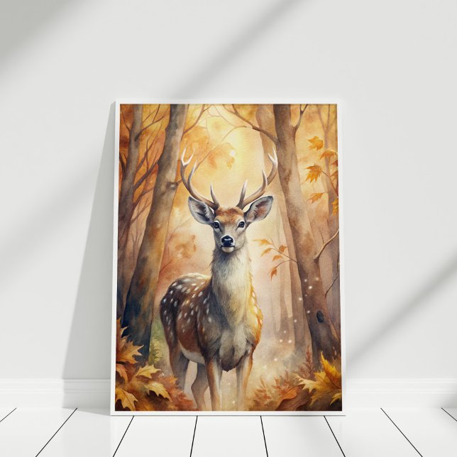 Poster Veado Florestal Outono – Arte de Parede Inspirada  (Woodland Deer Autumn – Nature-Inspired Wall Art in a white wooden frame)