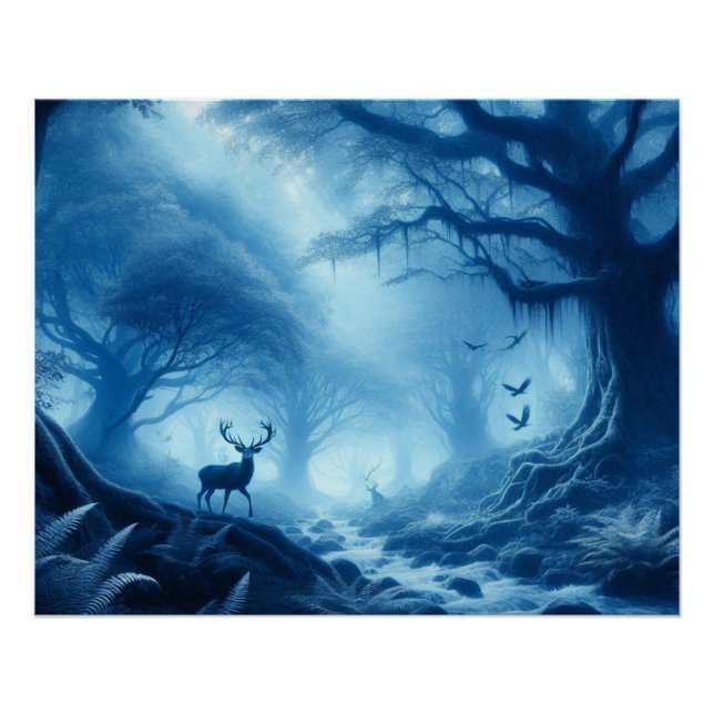 Póster Veado na Floresta Negra de Azul (Frente)