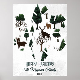 Poster Veado Retrominimalista Entre Árvores de Férias