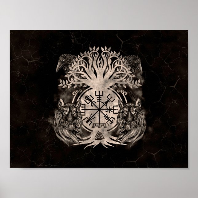 Poster Vegvisir - Yggdrasil Com Ravens E Lobos (Frente)