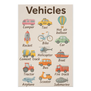 Póster Veículos para crianças - Transportes Diversos e Ed