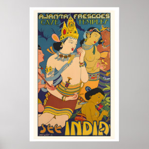 Poster Veja Índia Ajanta Frescos Templos da Caverna Vinta