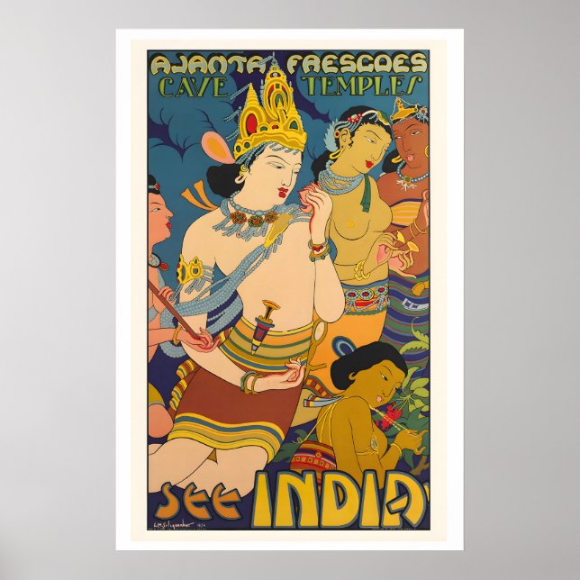 Poster Veja Índia Ajanta Frescos Templos da Caverna Vinta (Frente)