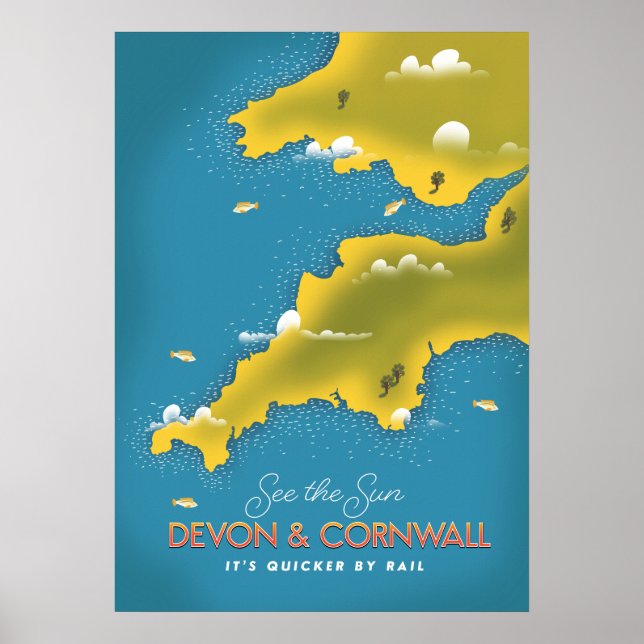 Poster Veja o Sol - Devon & Cornwall pôster de viagem. (Frente)