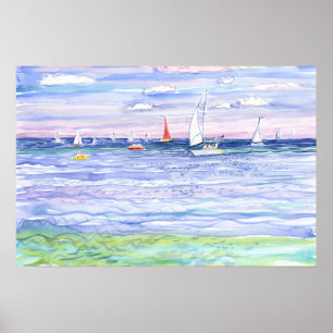 Poster Velas Coloridas em Aquarela de Água do Mar Azul