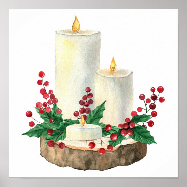 Poster Velas de Natal Aquarela Folhas de Berries (Frente)