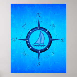 Póster Veleiro do azul de oceano e rosa de compasso