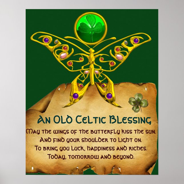 Póster Velha Bênção Irlandesa Pergaminho com Borboleta Do (Frente)