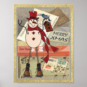 Póster Velha Moda Red Snowman   Natal