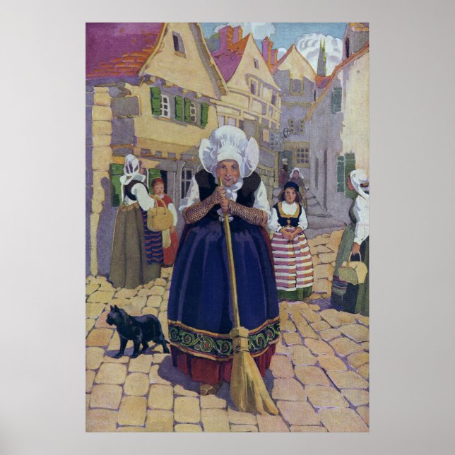 Póster Velha Mulher, Gato e Rima Infantil da Vassoura (Frente)