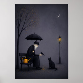 Poster Velho Alimentando um Pássaro na Chuva Silenciosa