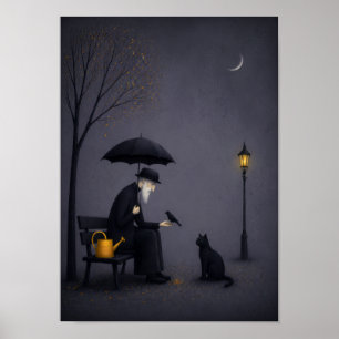 Poster Velho Alimentando um Pássaro na Chuva Silenciosa