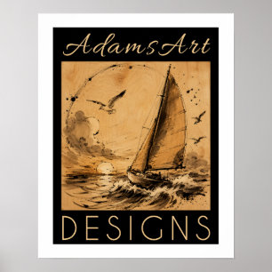 Poster Velho Barco à Vela ao Pôr do Sol Tinta Lavada Text