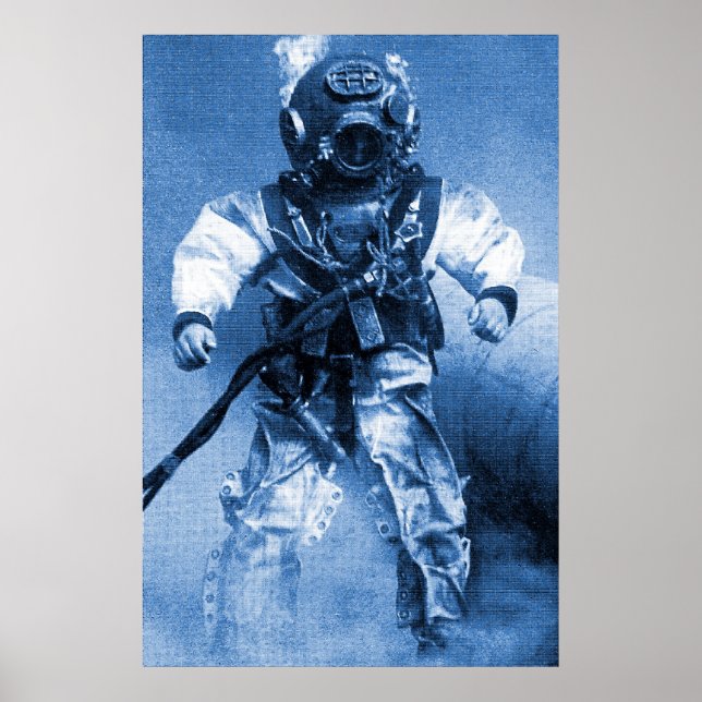 Póster velho mergulhador com capacete de latão de cor azu (Frente)