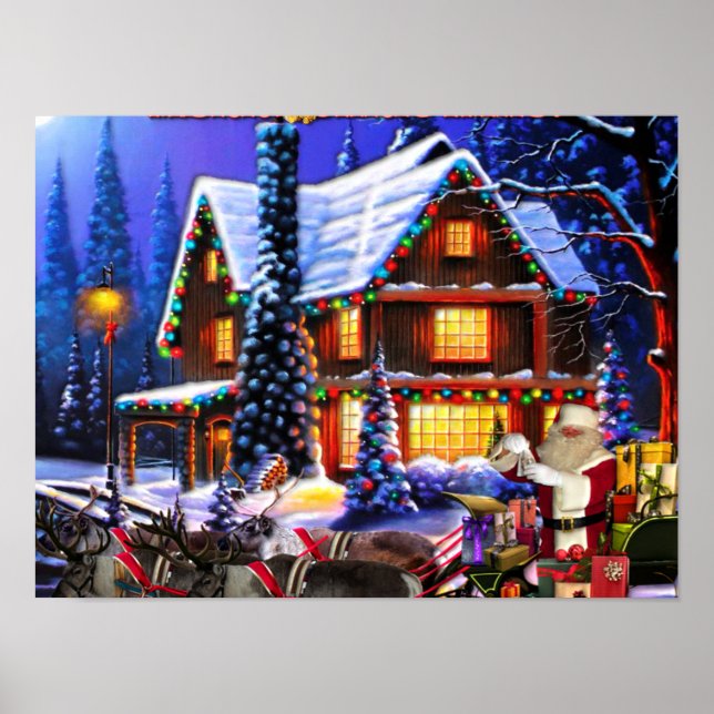 Poster Velho Papai Noel e Reindeer (Frente)