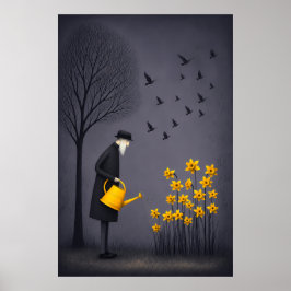 Poster Velho Regando Esperança Sob Pássaros Silenciosos